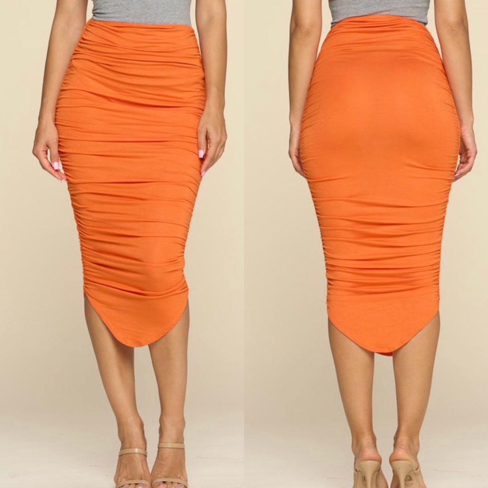 BEC ORANGE MIDI RUCHED SKIRT